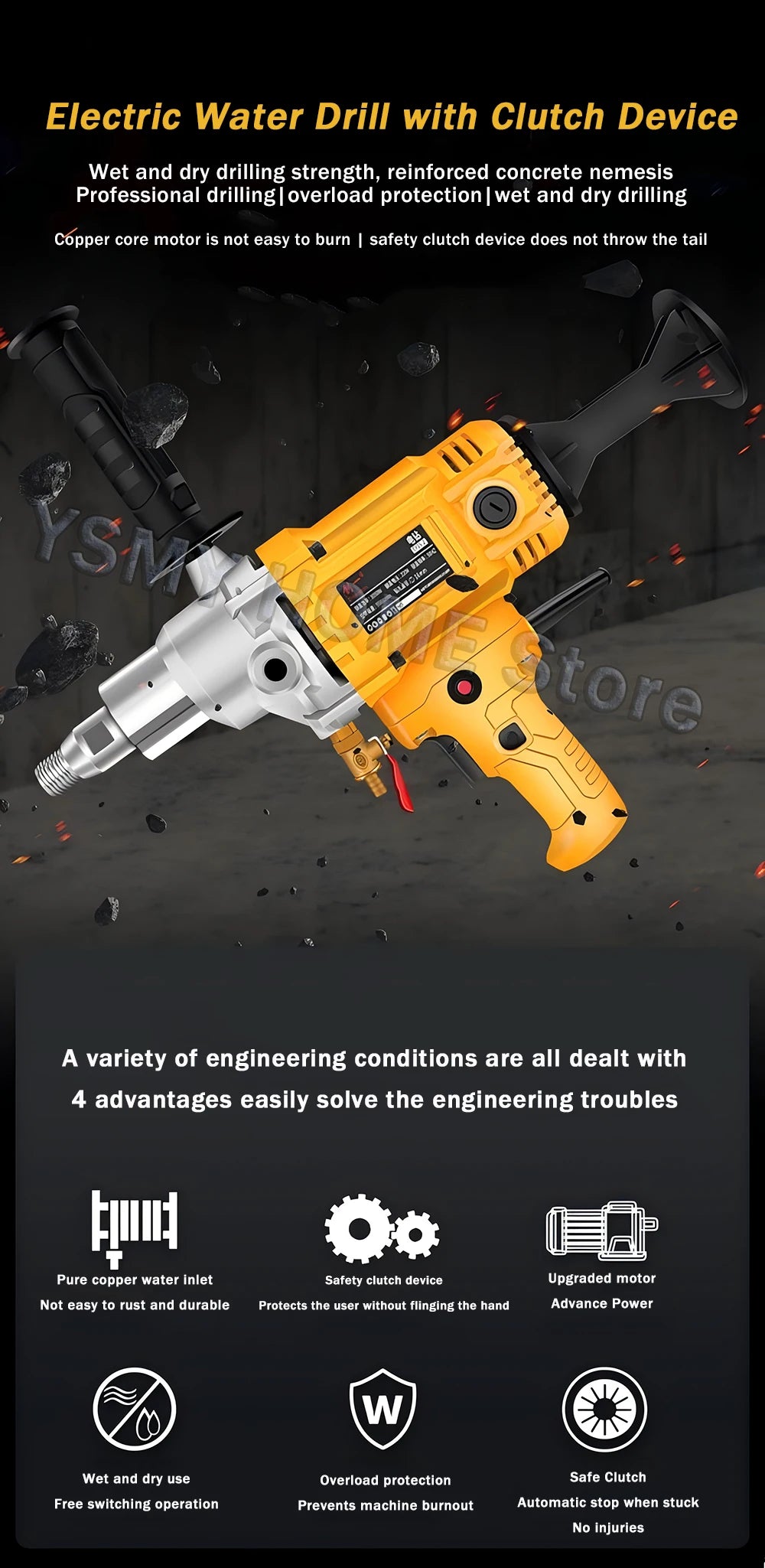 Diamond Core Drilling Machine Dry Wet Engineering Handheld concrete Water Drilling Putty Powder Coating Mixer  Renovation tools