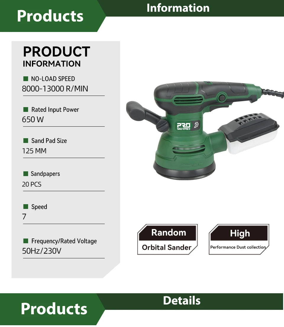 650W Electric Sander 230V Woodworking Grinding Tool Variable Speed Sander with 125mm Sandpaper Car Polishing Machine PROSTORMER