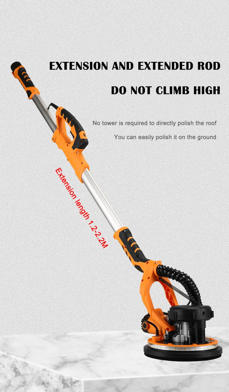 9-inch Electric Drywall Sander 225MM Wall Grinding Machine Putty Dustless Self -vacuum LED Long Rod Polishing Sand Paper Machine