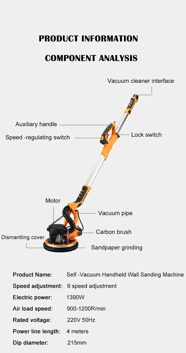 9-inch Electric Drywall Sander 225MM Wall Grinding Machine Putty Dustless Self -vacuum LED Long Rod Polishing Sand Paper Machine