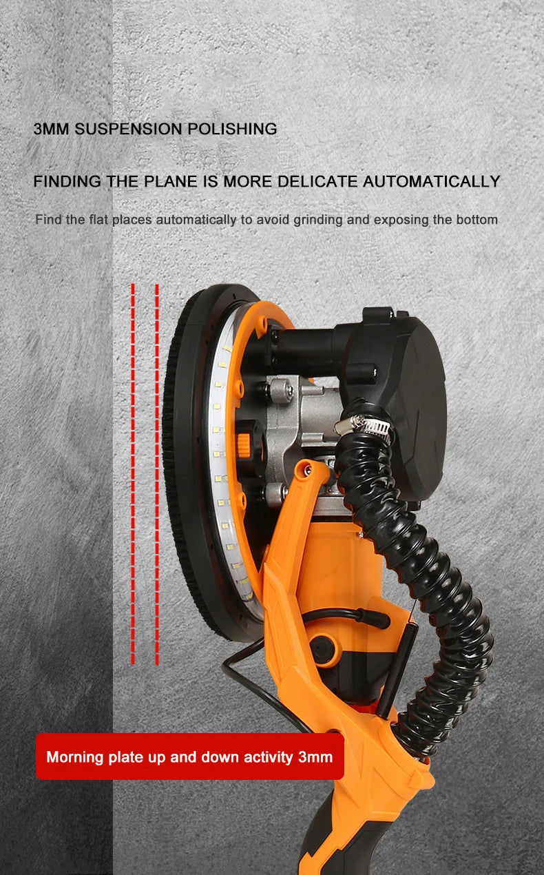 9-inch Electric Drywall Sander 225MM Wall Grinding Machine Putty Dustless Self -vacuum LED Long Rod Polishing Sand Paper Machine