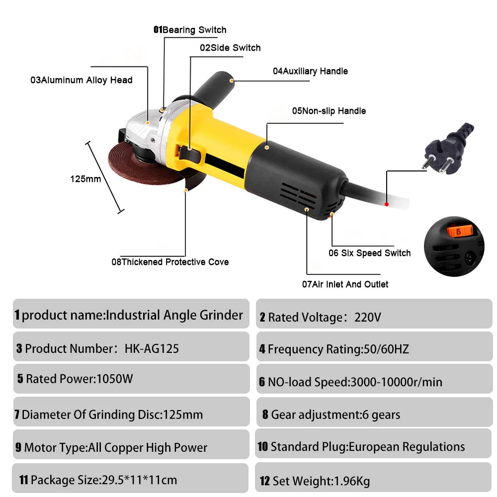 220V Electric Angle Grinder 1050W 125mm 6-Variable Speed 3000-10000 RPM Tool Less Guard for Cutting Grinding Metal Power Tools