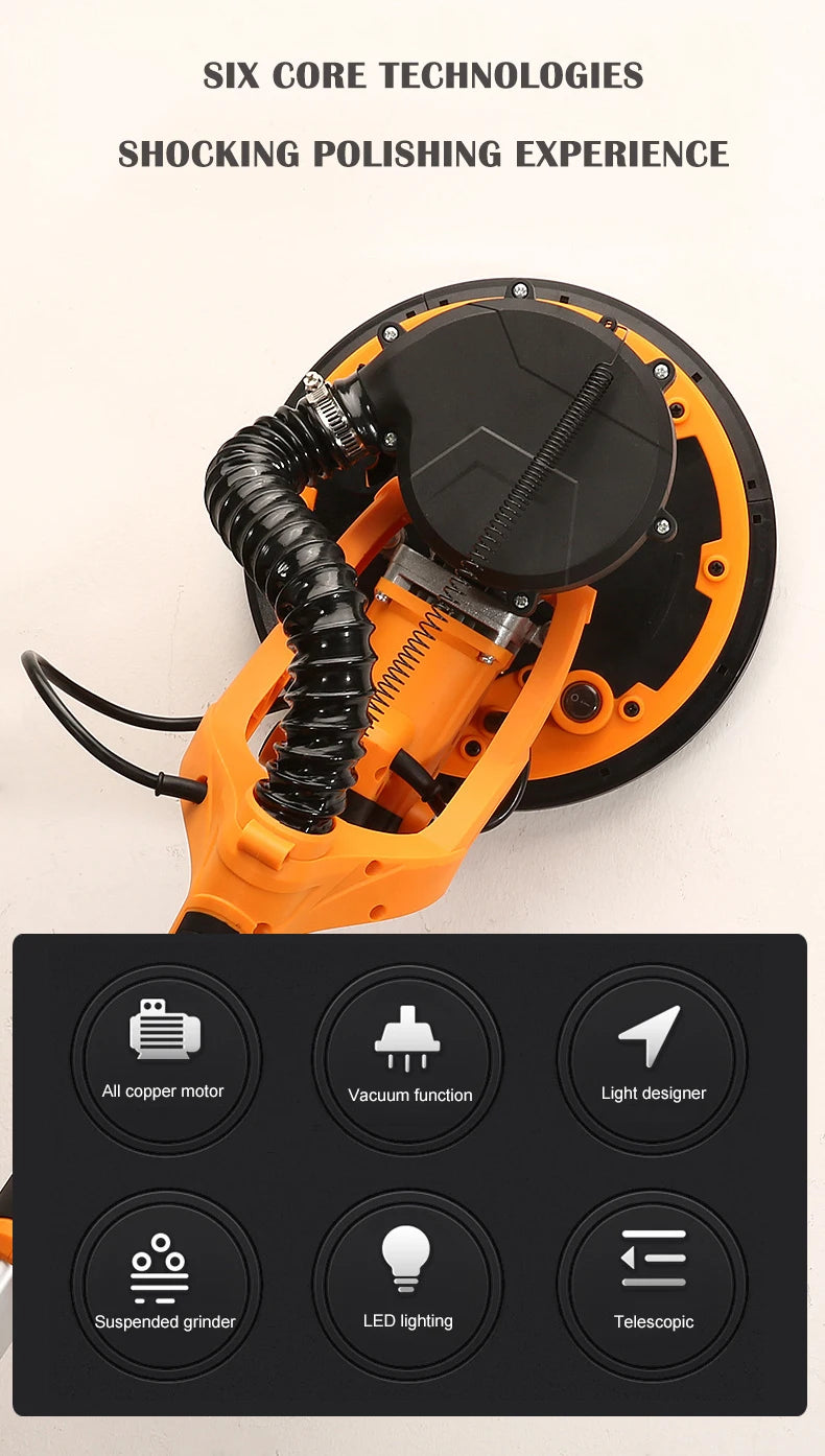 9-inch Electric Drywall Sander 225MM Wall Grinding Machine Putty Dustless Self -vacuum LED Long Rod Polishing Sand Paper Machine
