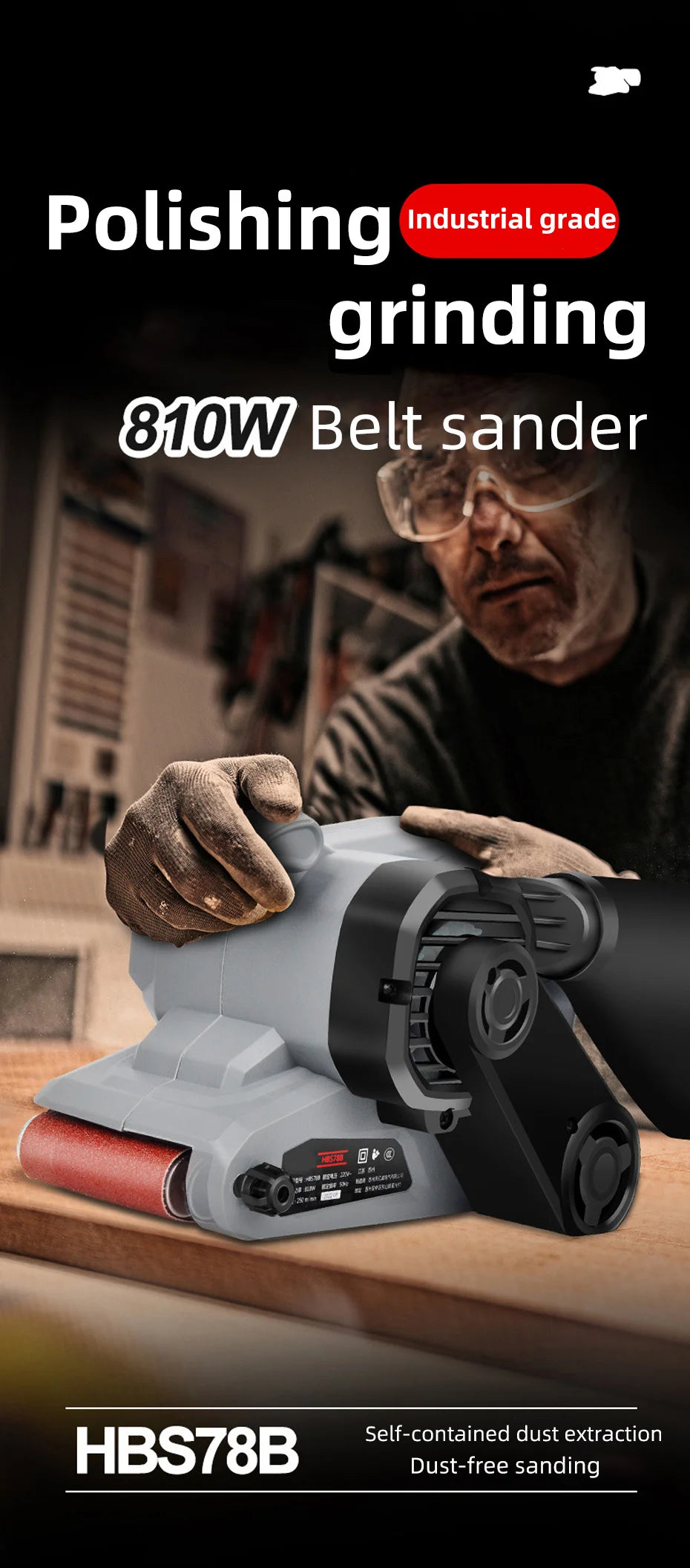 220V 810W Portable Small Desktop Plane Sander Belt Sander Grinder Woodworking Polisher Metal Rust Removal Polishing  Machine