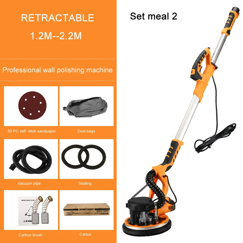 9-inch Electric Drywall Sander 225MM Wall Grinding Machine Putty Dustless Self -vacuum LED Long Rod Polishing Sand Paper Machine