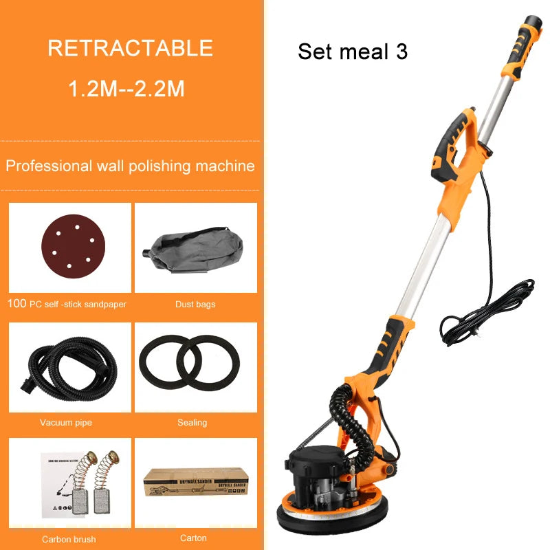 9-inch Electric Drywall Sander 225MM Wall Grinding Machine Putty Dustless Self -vacuum LED Long Rod Polishing Sand Paper Machine