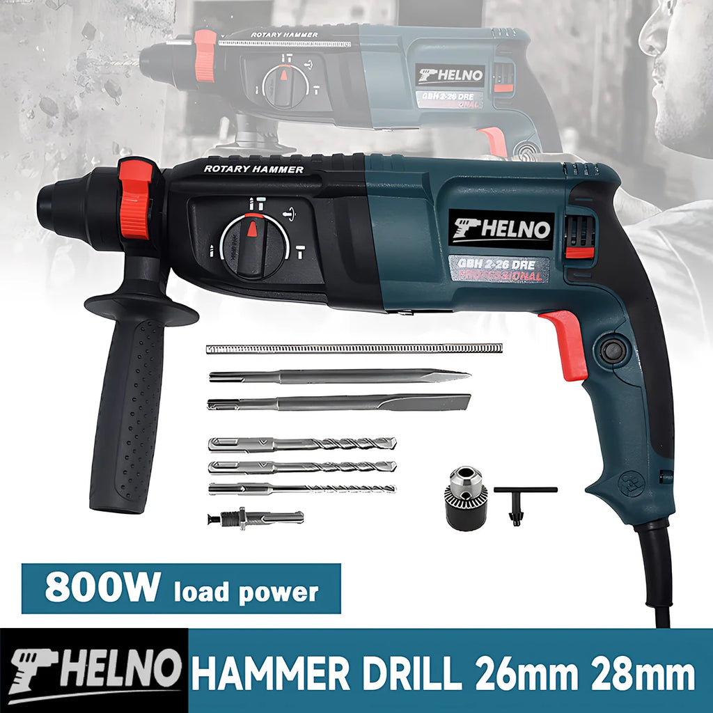 Powerful HELNO GBH2-28 Electric Demolition Hammer, 800W Motor, SDS-Plus, Heavy Duty for Construction Breaking Work