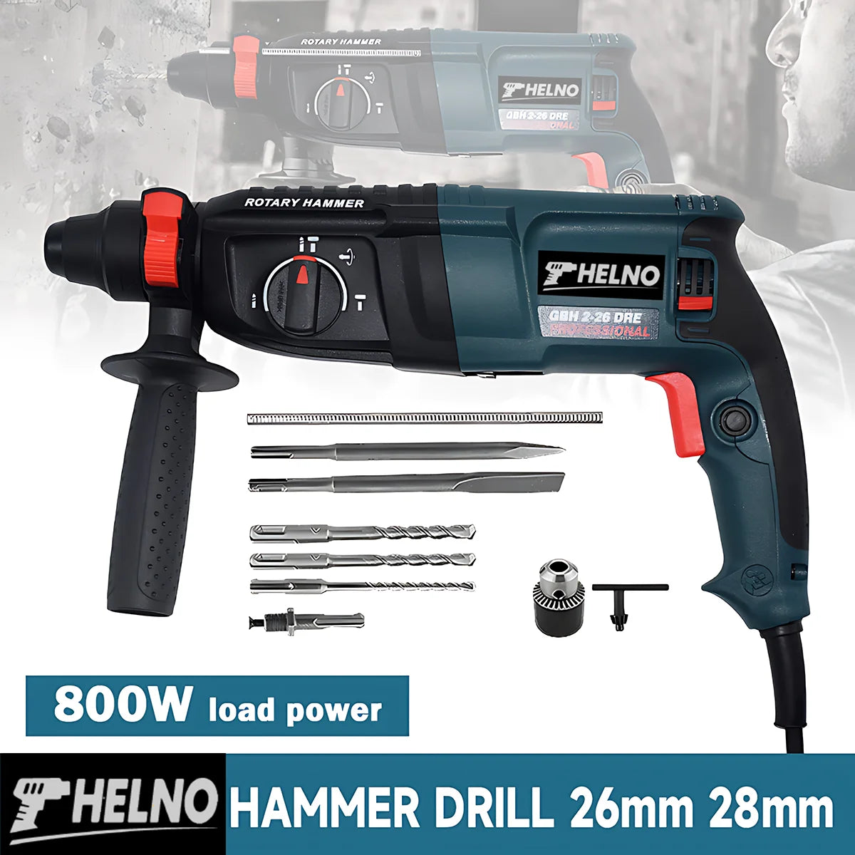 Powerful HELNO GBH2-28 Electric Demolition Hammer, 800W Motor, SDS-Plus, Heavy Duty for Construction Breaking Work