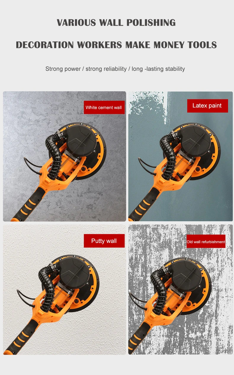 9-inch Electric Drywall Sander 225MM Wall Grinding Machine Putty Dustless Self -vacuum LED Long Rod Polishing Sand Paper Machine