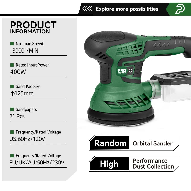 400W Electric Sander Machine with 7-Speed Transmission 125mm Sanding Pad Dust Collector And 21pcs Sandpapers Set by PROSTORMER