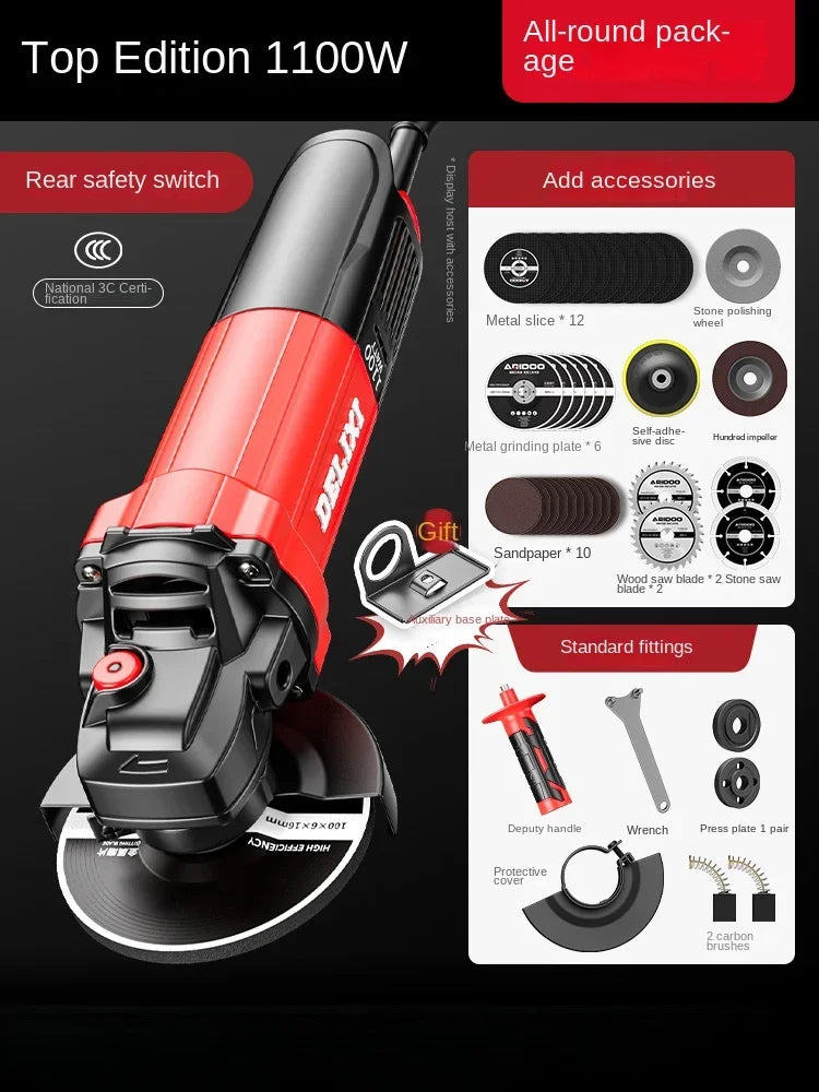 220V Heavy Duty Mini Angle Grinder with Grinding and Cutting Discs for Home DIY Metalworking and Masonry Projects