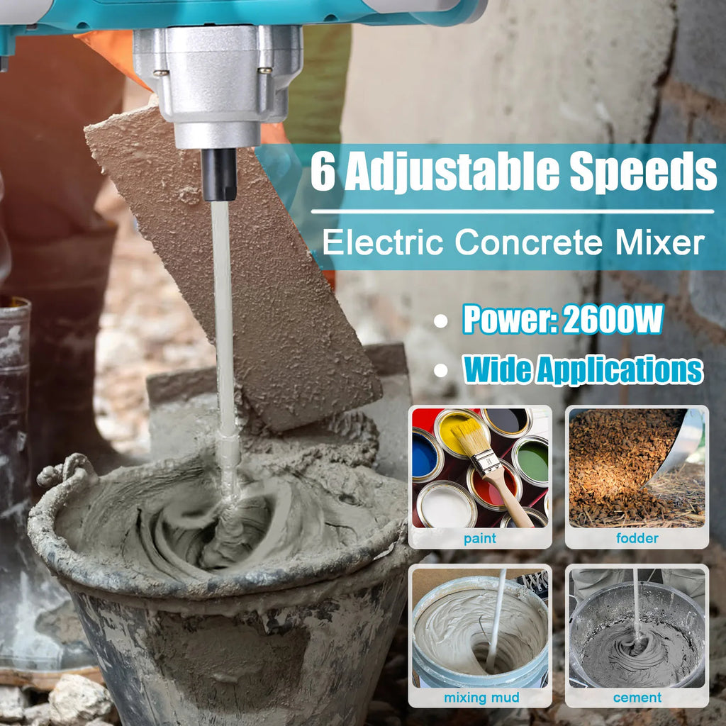 2600W Electric Concrete Mixer Portable Handheld Concrete Cement Mixer 6 Speeds Mixing Machine Grout Plaster Paint Stirring Tool