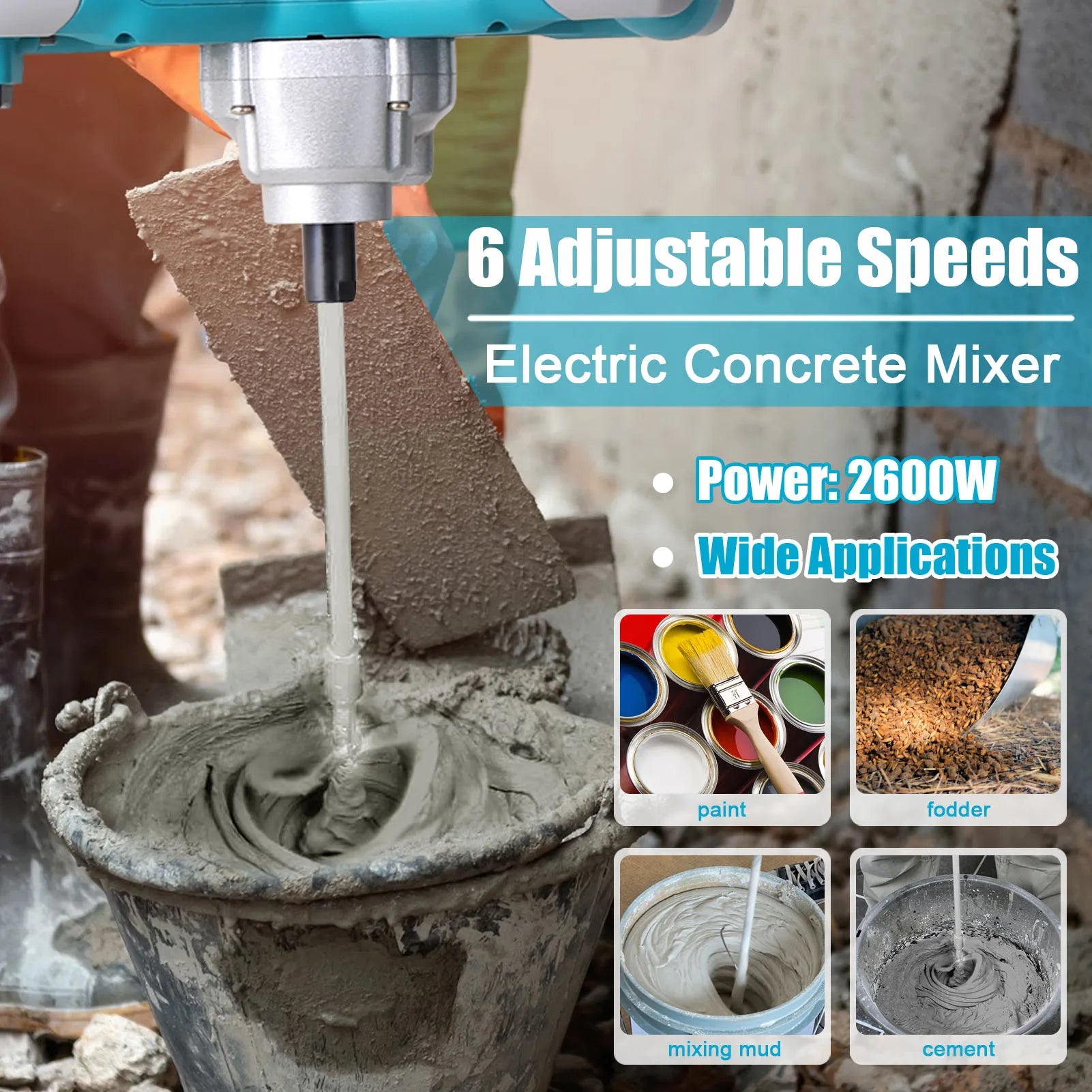 2600W Electric Concrete Mixer Portable Handheld Concrete Cement Mixer 6 Speeds Mixing Machine Grout Plaster Paint Stirring Tool