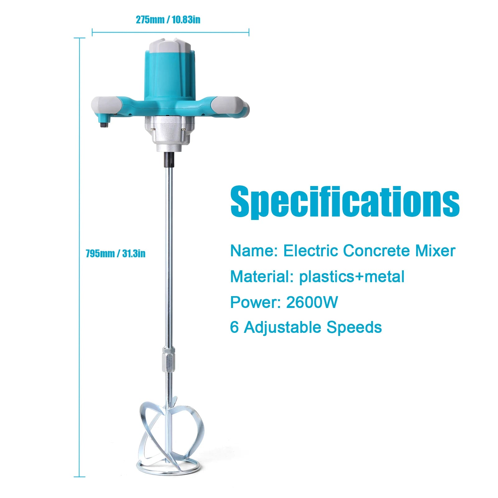 2600W Electric Concrete Mixer Portable Handheld Concrete Cement Mixer 6 Speeds Mixing Machine Grout Plaster Paint Stirring Tool