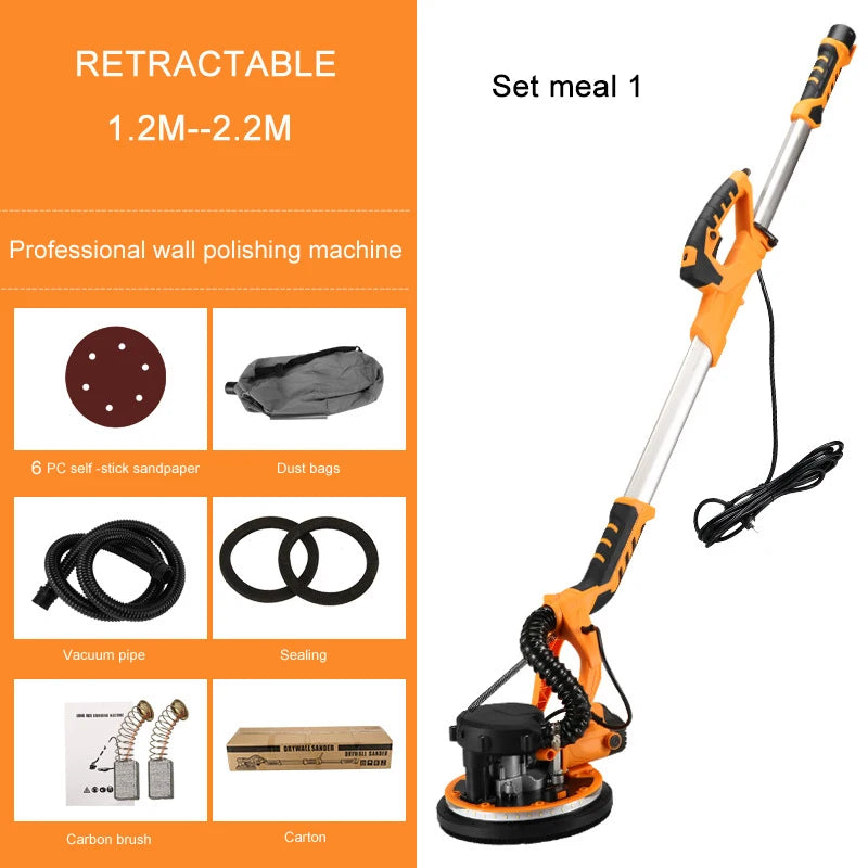 9-inch Electric Drywall Sander 225MM Wall Grinding Machine Putty Dustless Self -vacuum LED Long Rod Polishing Sand Paper Machine