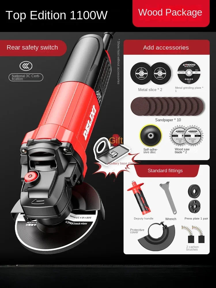 220V Heavy Duty Mini Angle Grinder with Grinding and Cutting Discs for Home DIY Metalworking and Masonry Projects