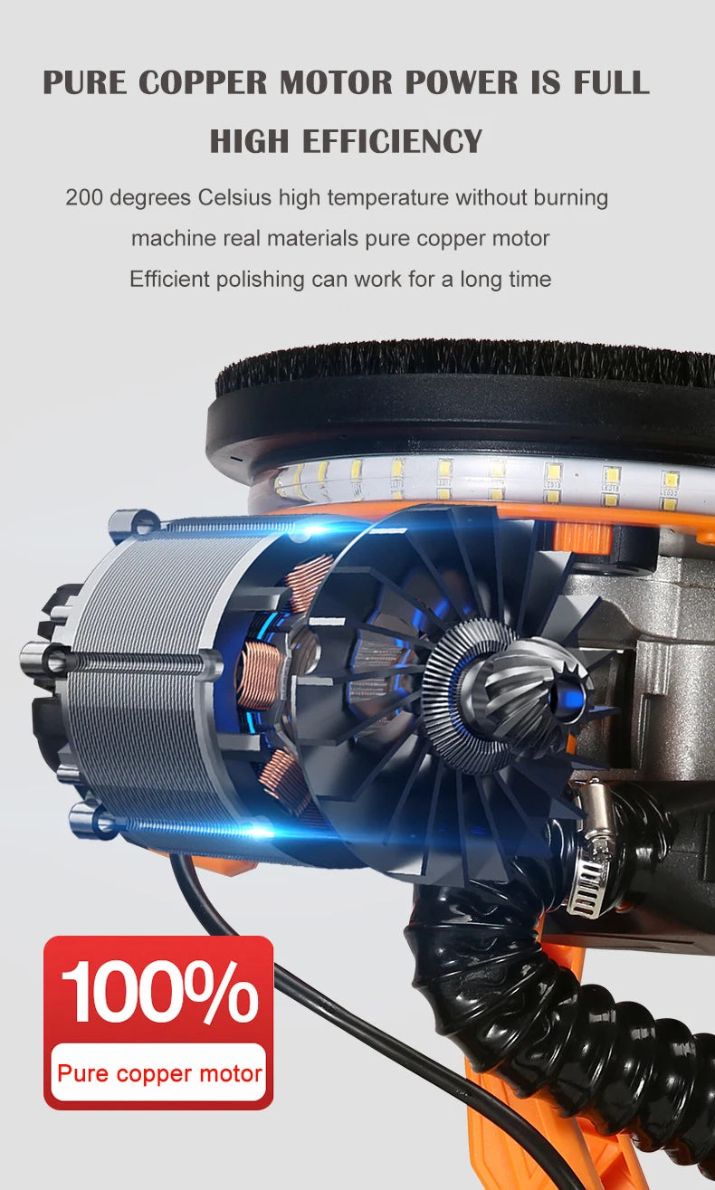 9-inch Electric Drywall Sander 225MM Wall Grinding Machine Putty Dustless Self -vacuum LED Long Rod Polishing Sand Paper Machine