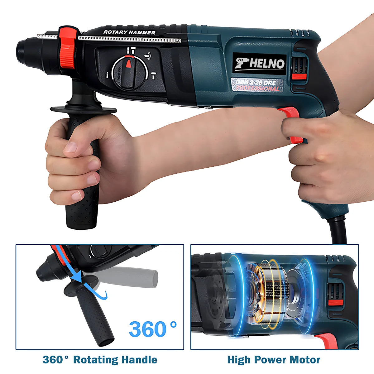 Powerful HELNO GBH2-28 Electric Demolition Hammer, 800W Motor, SDS-Plus, Heavy Duty for Construction Breaking Work