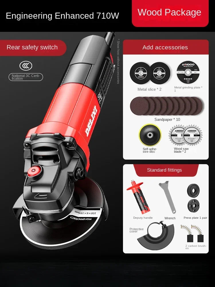 220V Heavy Duty Mini Angle Grinder with Grinding and Cutting Discs for Home DIY Metalworking and Masonry Projects