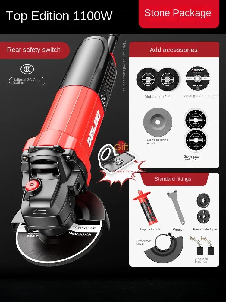 220V Heavy Duty Mini Angle Grinder with Grinding and Cutting Discs for Home DIY Metalworking and Masonry Projects