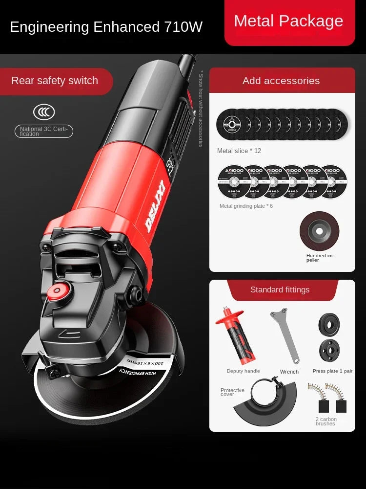 220V Heavy Duty Mini Angle Grinder with Grinding and Cutting Discs for Home DIY Metalworking and Masonry Projects