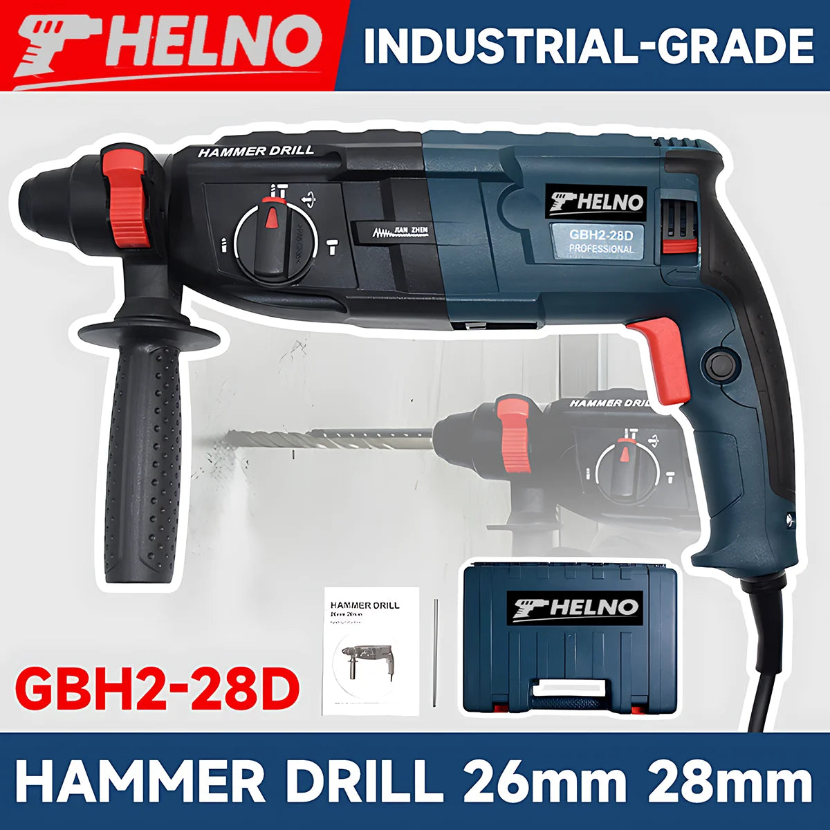 Powerful HELNO GBH2-28 Electric Demolition Hammer, 800W Motor, SDS-Plus, Heavy Duty for Construction Breaking Work