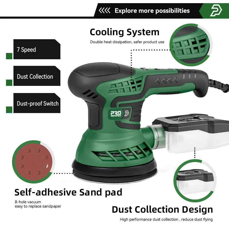 400W Electric Sander Machine with 7-Speed Transmission 125mm Sanding Pad Dust Collector And 21pcs Sandpapers Set by PROSTORMER