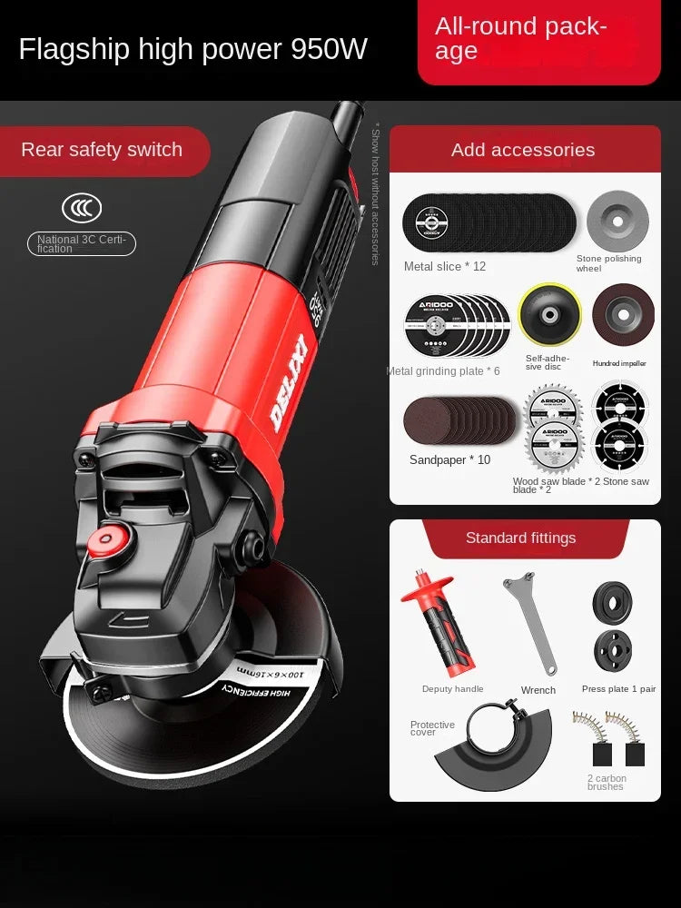 220V Heavy Duty Mini Angle Grinder with Grinding and Cutting Discs for Home DIY Metalworking and Masonry Projects