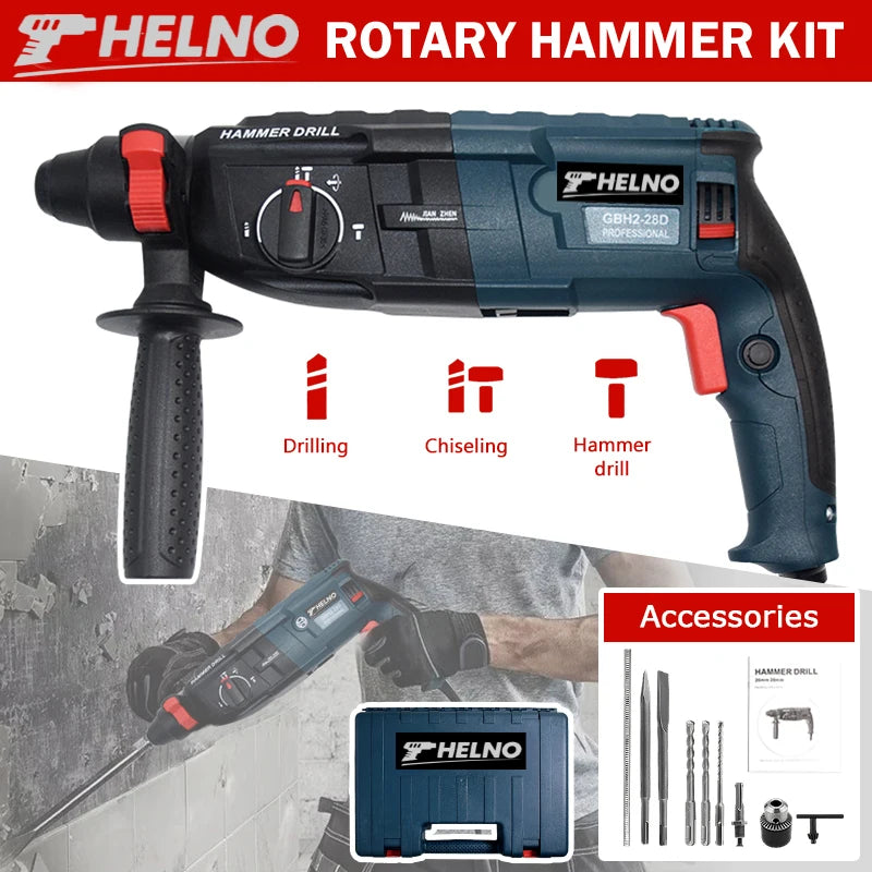 Powerful HELNO GBH2-28 Electric Demolition Hammer, 800W Motor, SDS-Plus, Heavy Duty for Construction Breaking Work