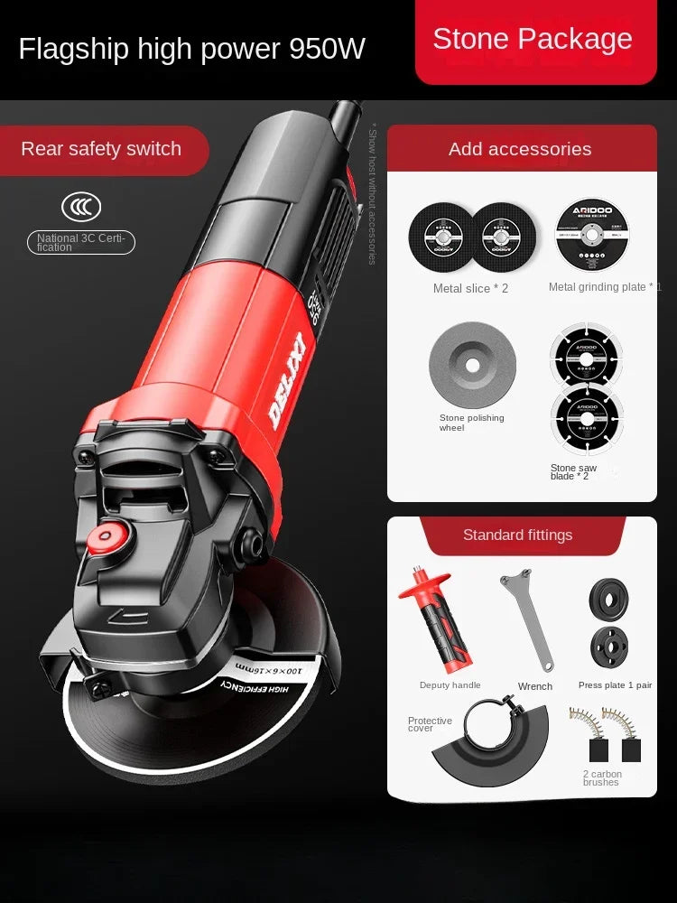 220V Heavy Duty Mini Angle Grinder with Grinding and Cutting Discs for Home DIY Metalworking and Masonry Projects