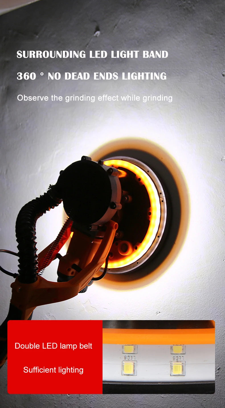 9-inch Electric Drywall Sander 225MM Wall Grinding Machine Putty Dustless Self -vacuum LED Long Rod Polishing Sand Paper Machine