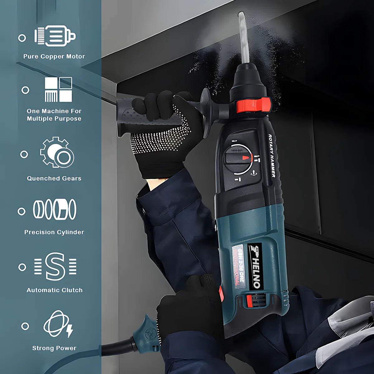 Powerful HELNO GBH2-28 Electric Demolition Hammer, 800W Motor, SDS-Plus, Heavy Duty for Construction Breaking Work