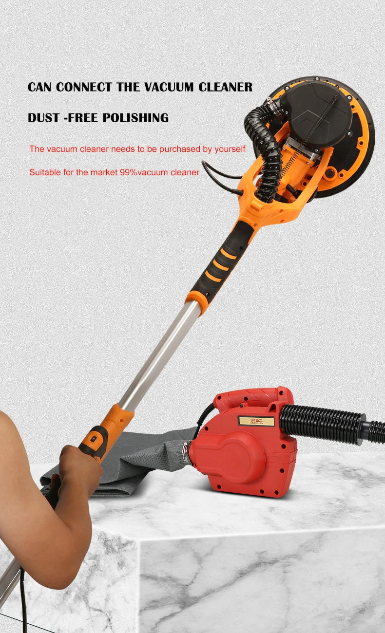 9-inch Electric Drywall Sander 225MM Wall Grinding Machine Putty Dustless Self -vacuum LED Long Rod Polishing Sand Paper Machine