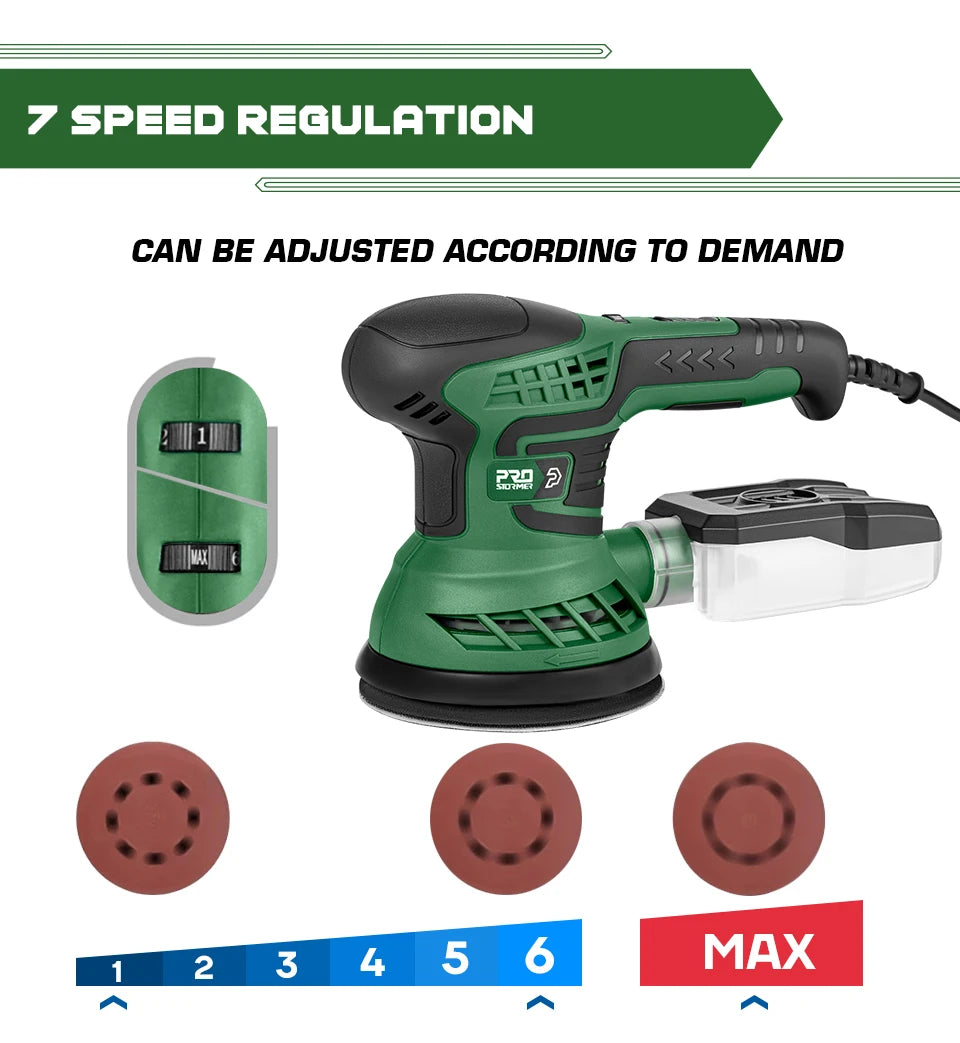 400W Electric Sander Machine with 7-Speed Transmission 125mm Sanding Pad Dust Collector And 21pcs Sandpapers Set by PROSTORMER