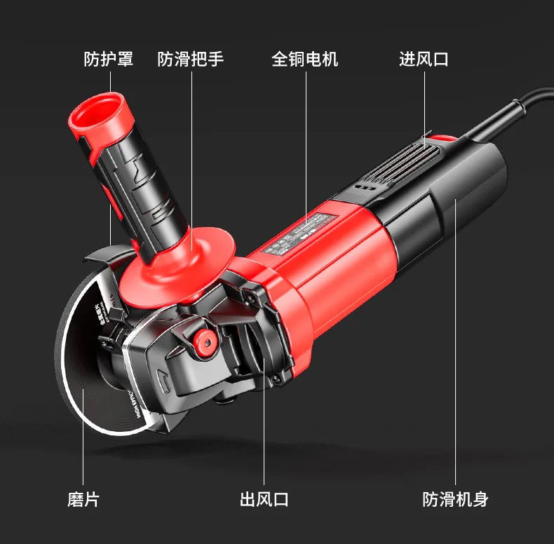 220V Heavy Duty Mini Angle Grinder with Grinding and Cutting Discs for Home DIY Metalworking and Masonry Projects
