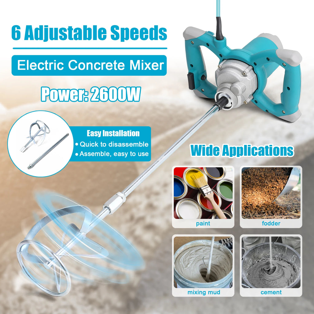 2600W Electric Concrete Mixer Portable Handheld Concrete Cement Mixer 6 Speeds Mixing Machine Grout Plaster Paint Stirring Tool
