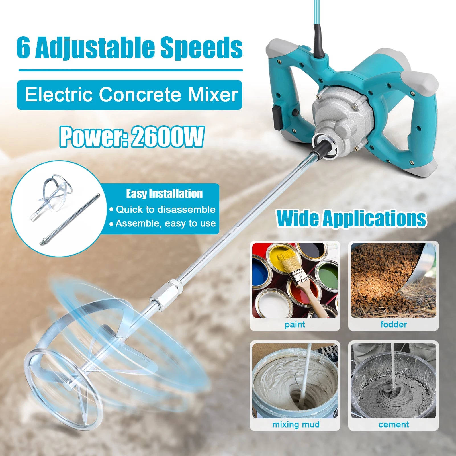 2600W Electric Concrete Mixer Portable Handheld Concrete Cement Mixer 6 Speeds Mixing Machine Grout Plaster Paint Stirring Tool