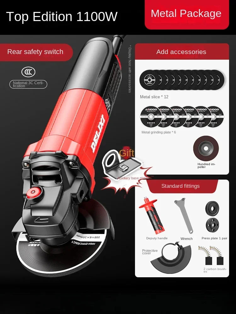 220V Heavy Duty Mini Angle Grinder with Grinding and Cutting Discs for Home DIY Metalworking and Masonry Projects